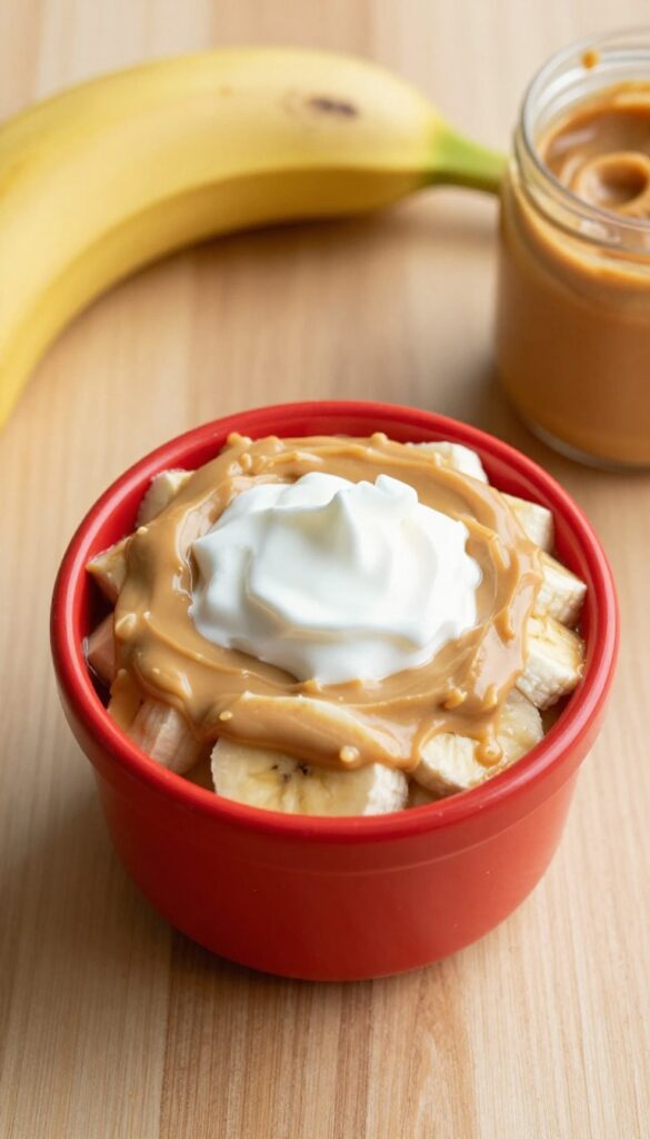 A red Kong toy stuffed with peanut butter and banana cream filling, with a banana and peanut butter jar beside it on a wooden surface.
