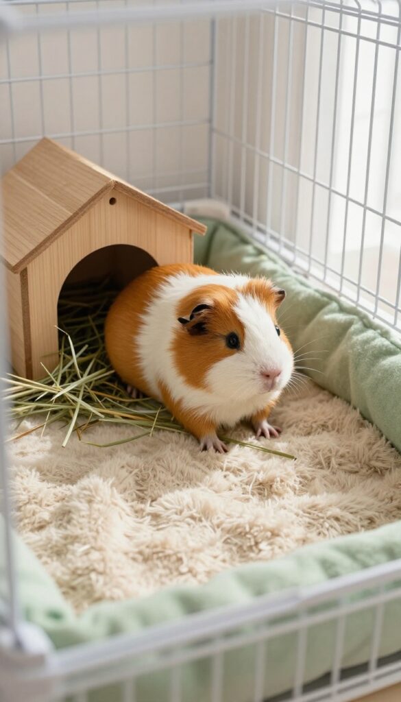 Guinea pig cage with fleece liners in natural tones, soft lighting, wooden hideout, and hay.