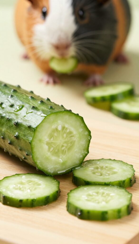 Fresh cucumber slices on a wooden surface with a guinea pig eating a piece