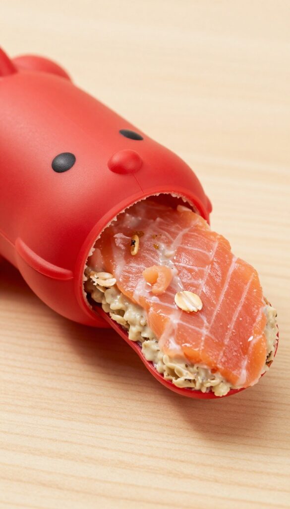 Red dog Kong toy stuffed with salmon and oatmeal mixture on a wooden surface, with a spoon beside it.