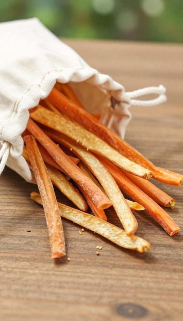 Homemade dehydrated apple and carrot dog treat sticks arranged on a wooden table next to a canvas bag, perfect for camping snacks.