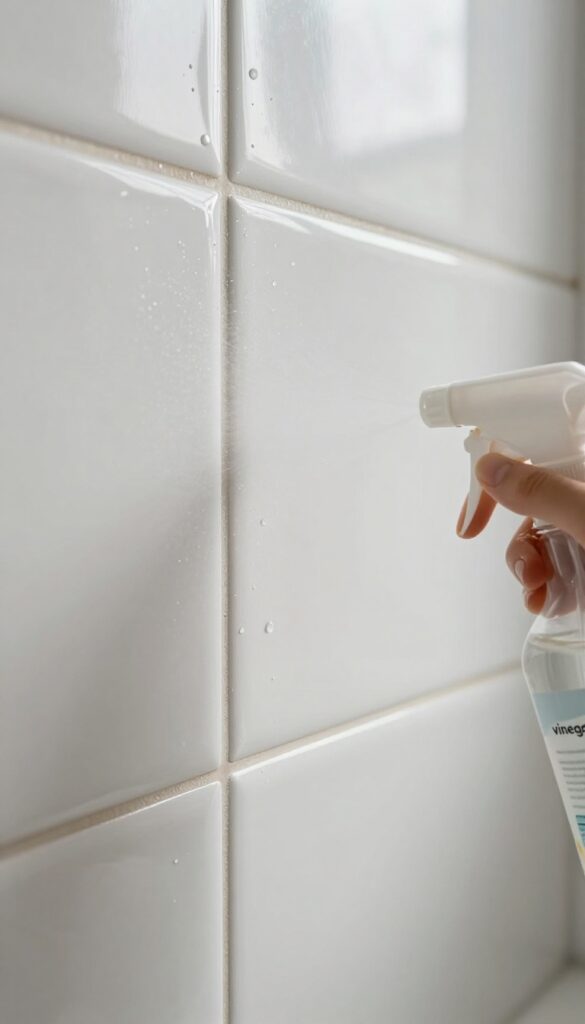 Spraying vinegar on shower grout to clean mold