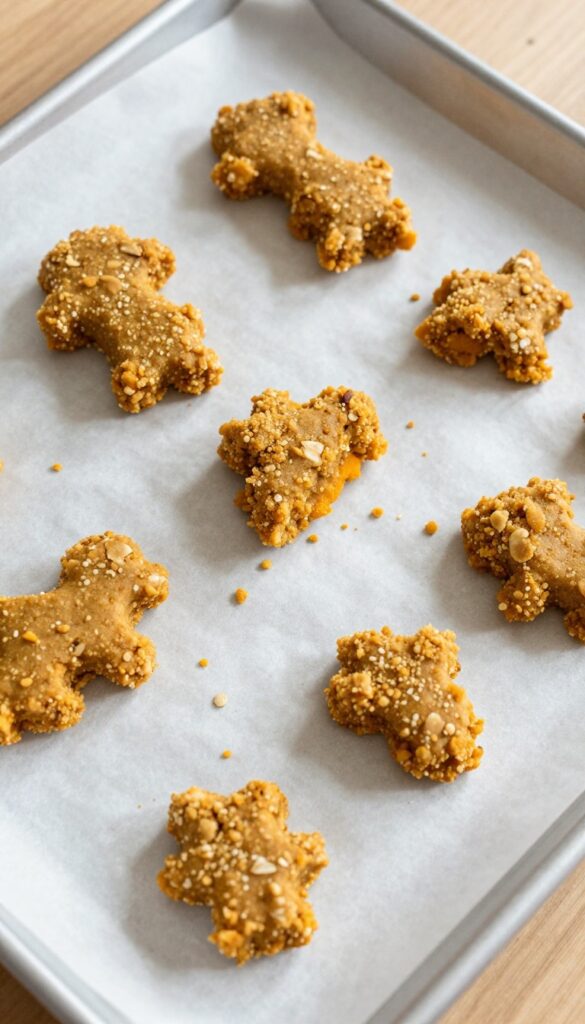 Homemade pumpkin and cinnamon baked crumble dog treats on a parchment-lined baking sheet.