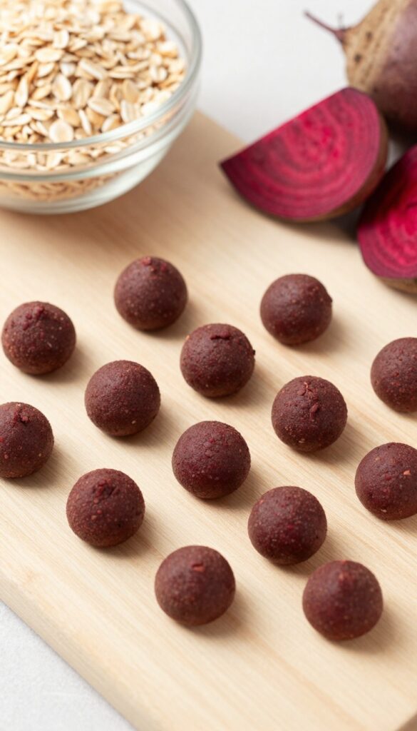 Homemade chewy beet and oat dog treats on a wooden surface with ingredients nearby