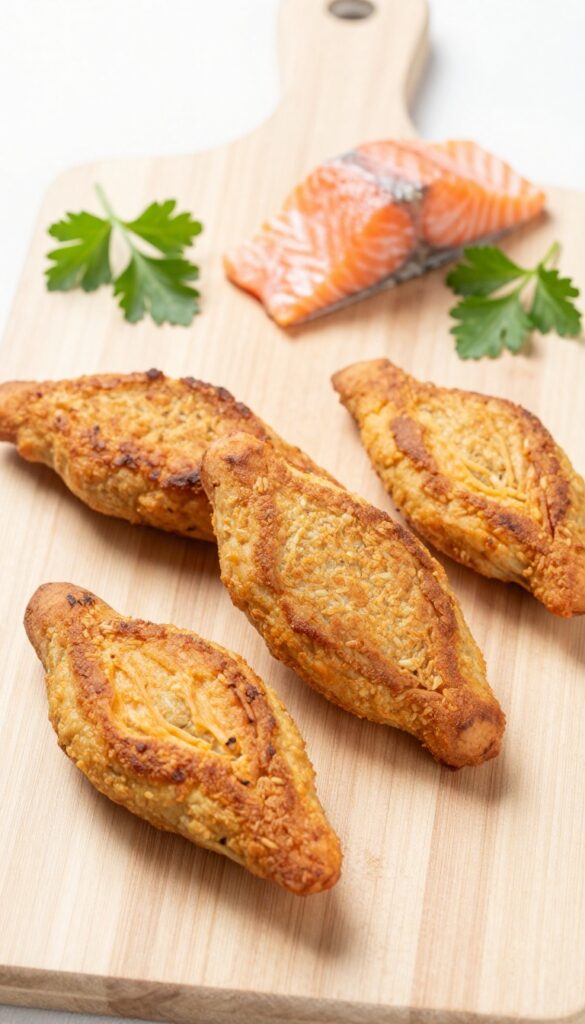 Homemade salmon and sweet potato dog patties on a wooden board, with fresh parsley and flaked salmon nearby.