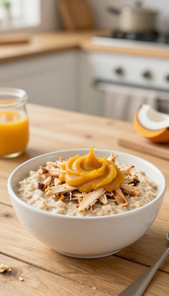 A dog's breakfast bowl with warm oatmeal, shredded chicken, pumpkin puree, and coconut oil on a wooden table.