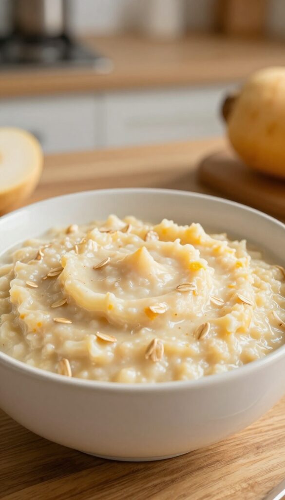 A warm bowl of turnip and pumpkin porridge for dogs, creamy and topped with oat flakes, on a wooden table in natural light.