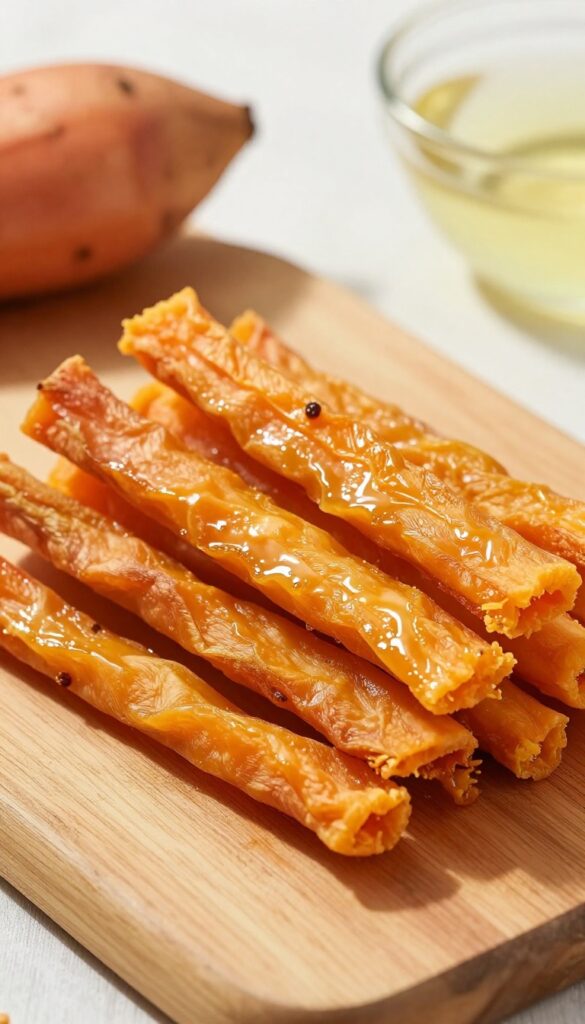 Homemade sweet potato chews for dogs, baked low and slow, arranged on a wooden board with whole sweet potatoes and coconut oil in the background.