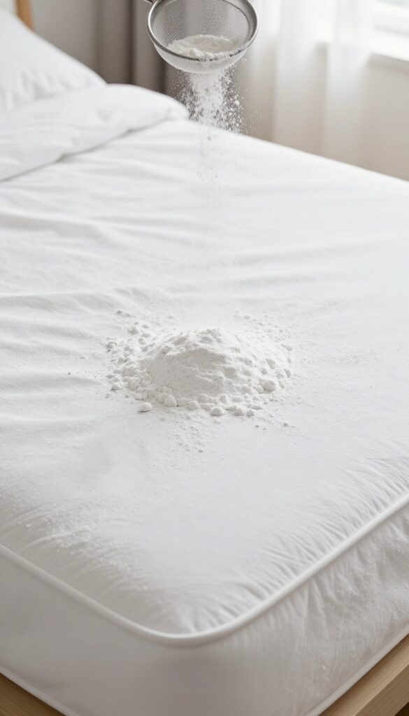 Sprinkling baking soda evenly over a clean mattress surface with a sieve in bright natural light.