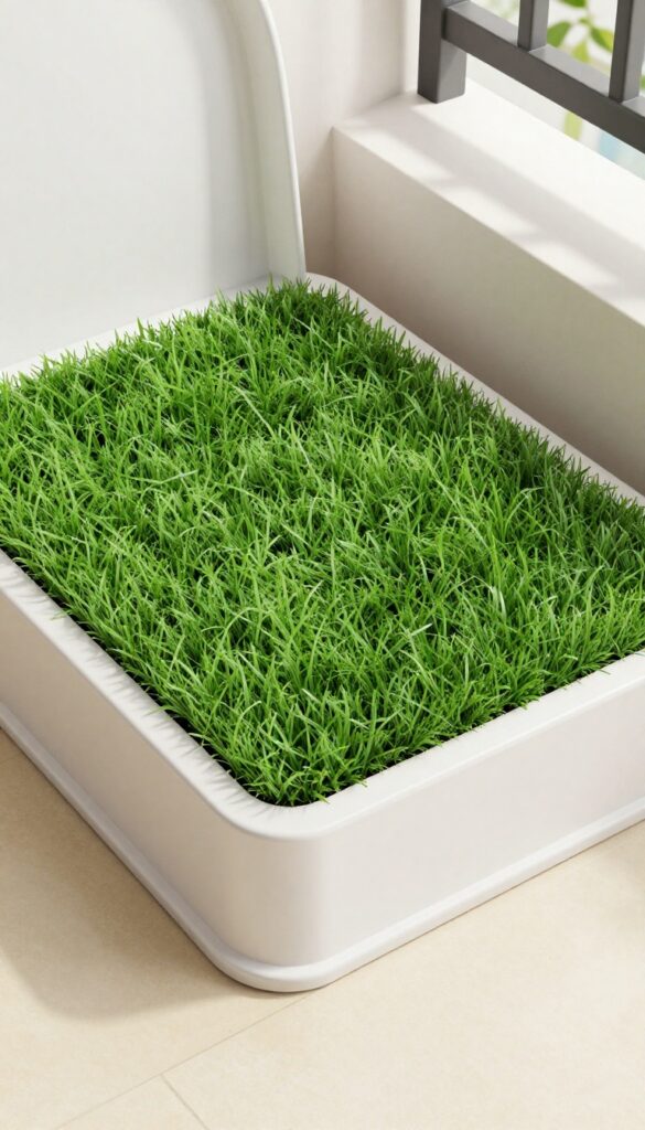 Artificial turf potty patch on a balcony with a tray, clean and compact setup