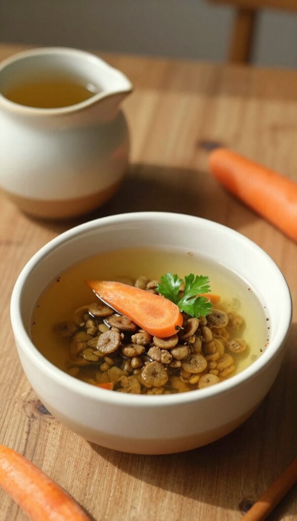 Homemade bone broth drizzled over dry kibble in a dog bowl for sensitive stomachs.