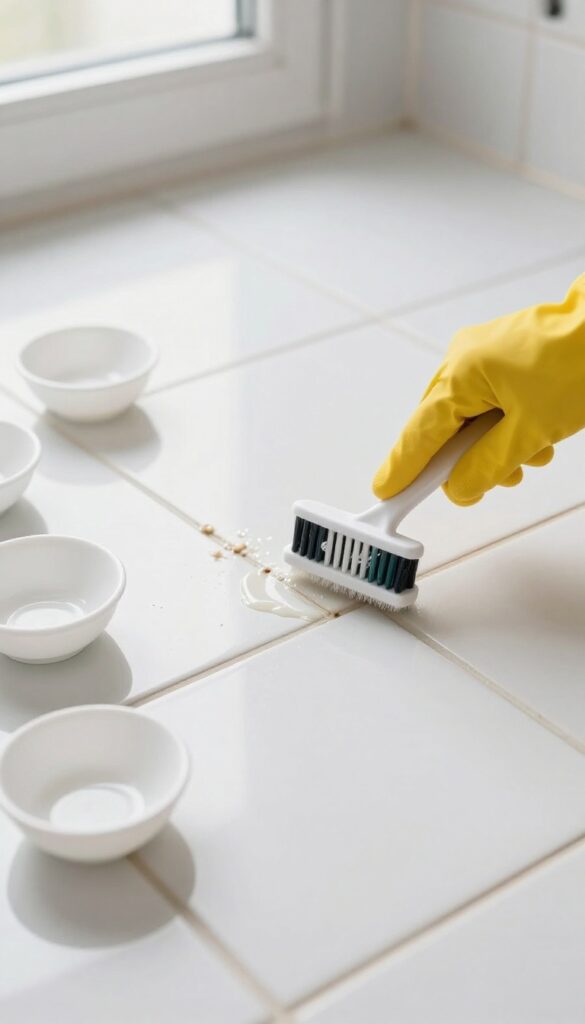 Applying baking soda and vinegar paste to bathroom grout with a toothbrush.