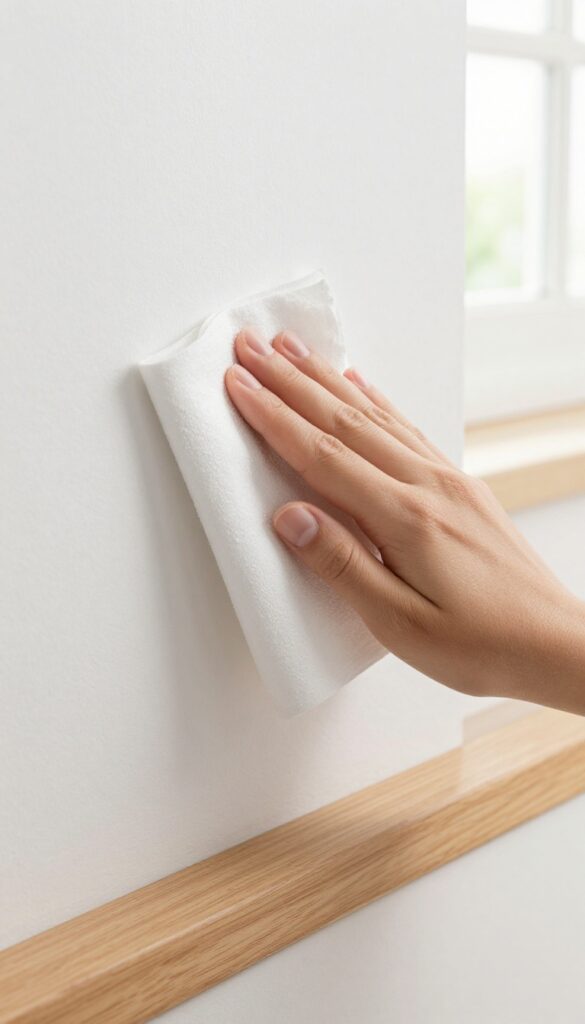 Hand wiping dust from a wall with a dryer sheet