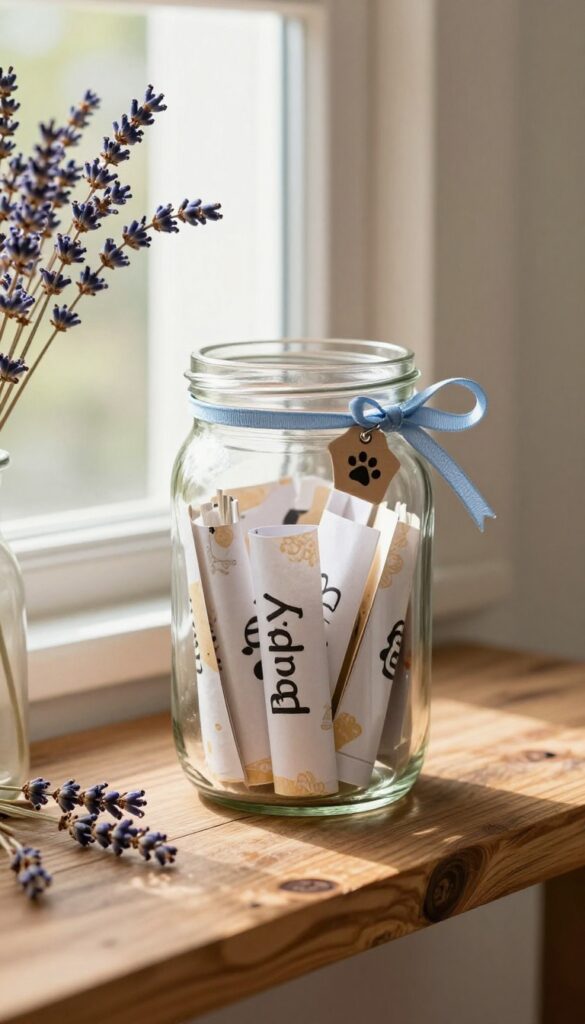Memory jar for dog memorial with paper slips and ribbon