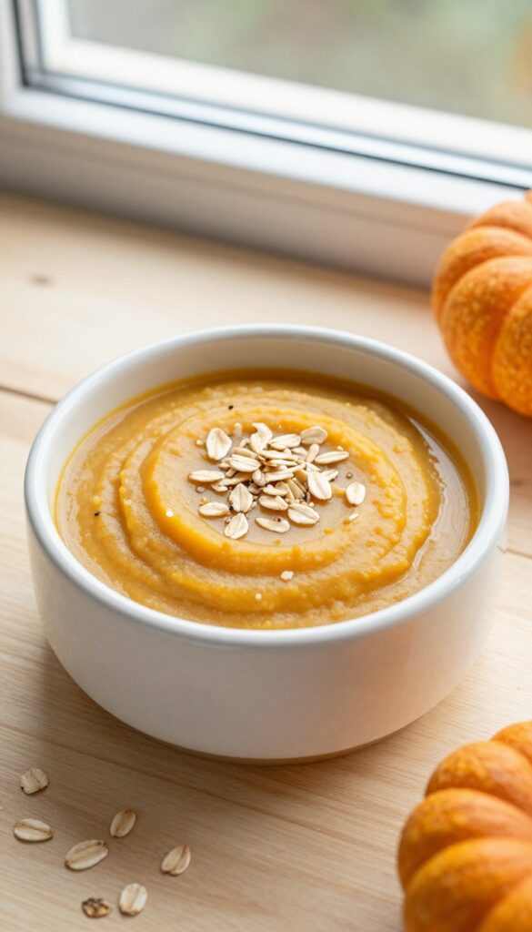 Homemade soft pumpkin and oatmeal mash for dogs, served in a ceramic bowl on a wooden table.