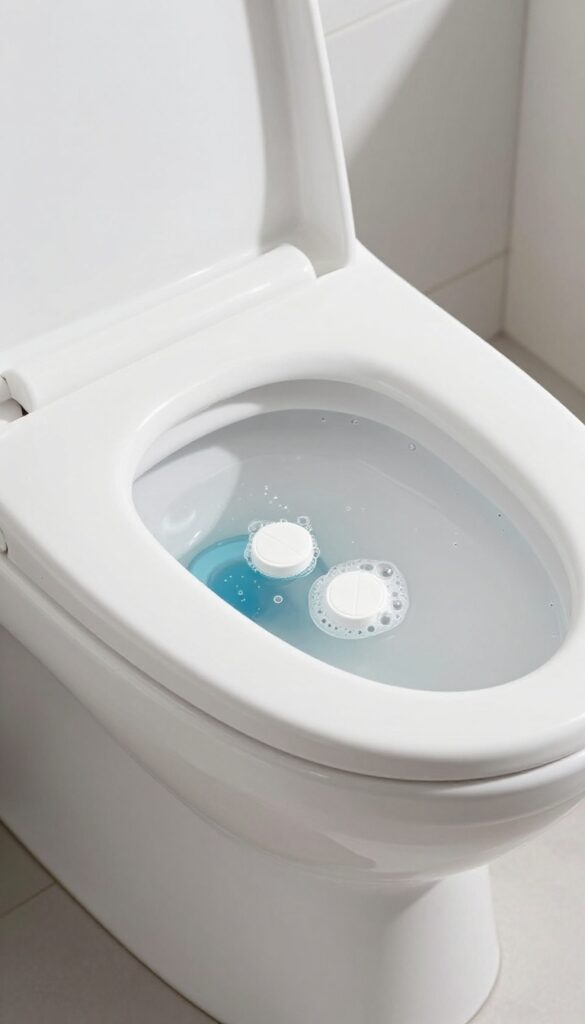 Denture tablets fizzing in a toilet bowl overnight to remove stains and odors.