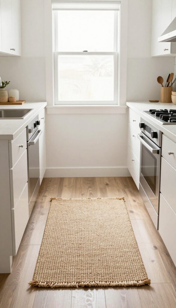 Vinyl plank floor with a woven cotton rug in a bright kitchen