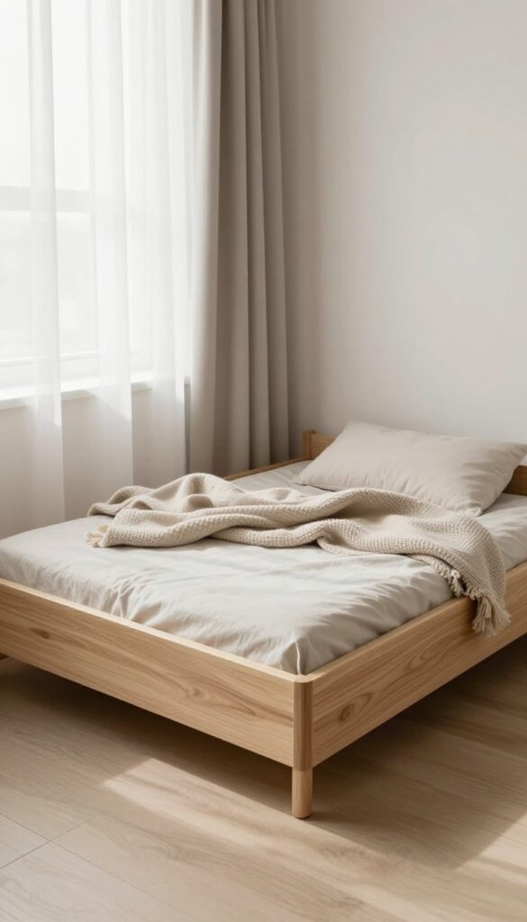 Elevated dog bed with modern wooden frame in a bright living room corner