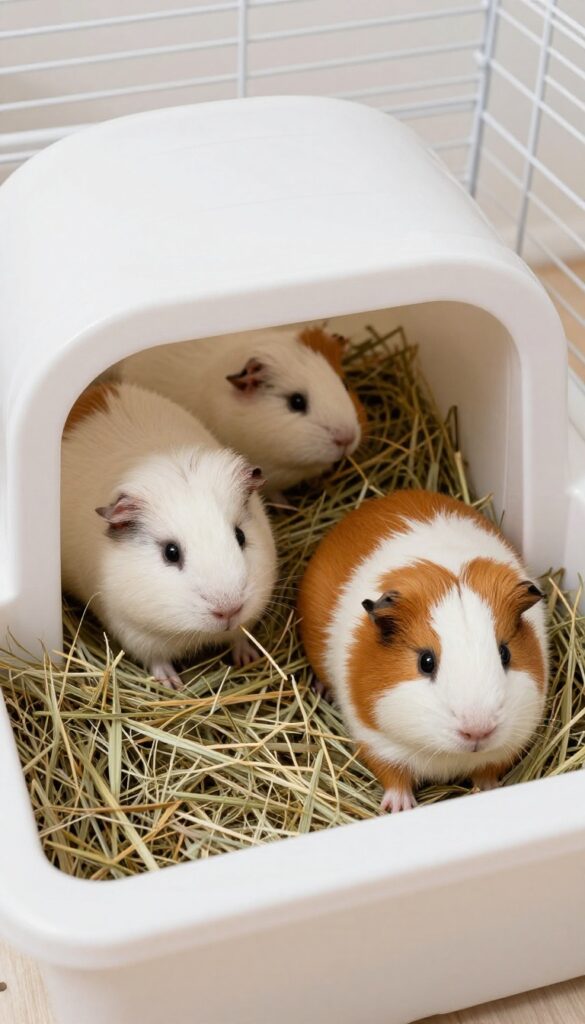 Guinea pigs in a hay-filled plastic igloo hideout