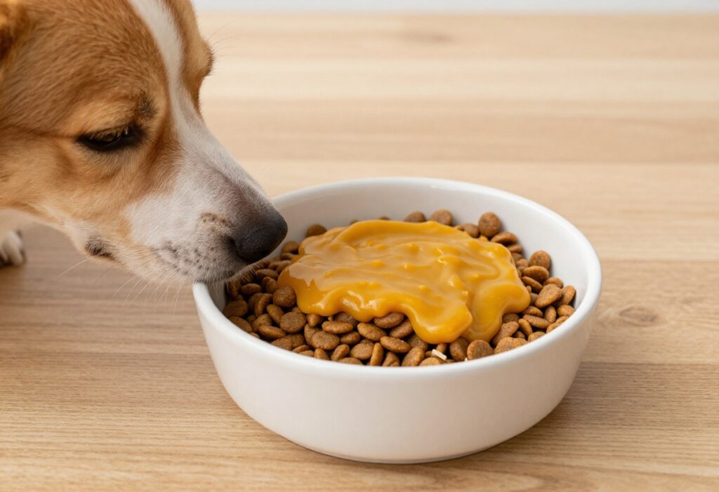 Homemade dog kibble sauce being poured over kibble in a dog bowl, cozy pet food photography.