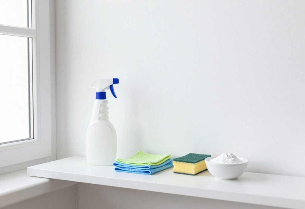 Cleaning tools arranged on a shelf below a clean white wall.
