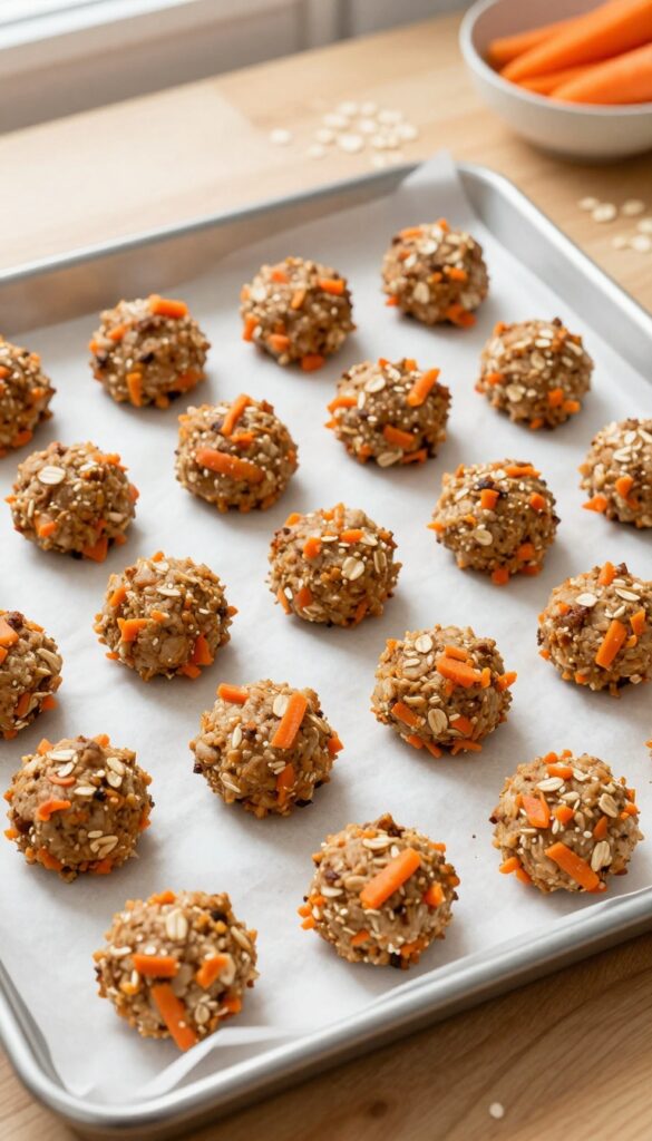 Homemade turkey and carrot dog meatballs on a baking sheet, baked golden brown with visible carrot flecks, on a wooden countertop in natural light.
