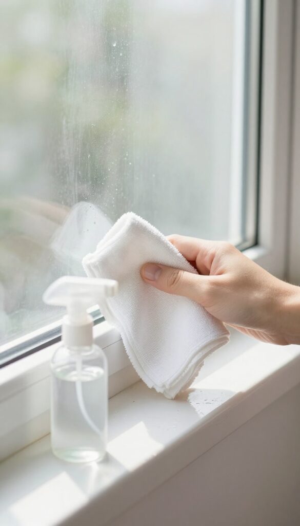 Hand scrubbing a stubborn water stain on a window with a microfiber cloth, spray bottle on sill, bright natural light.