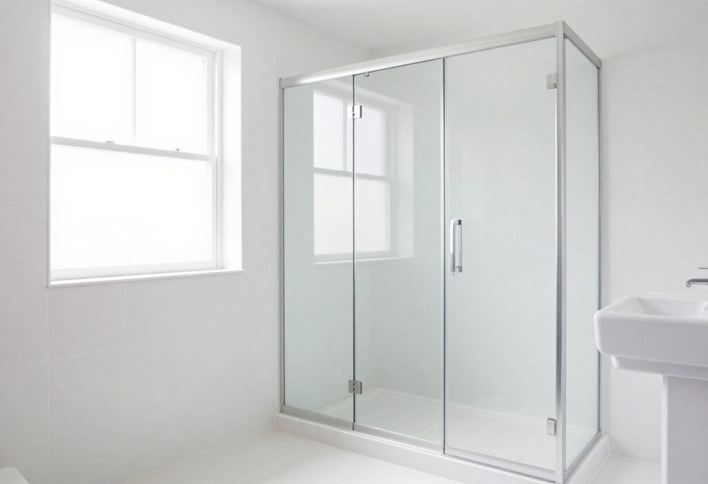 Sparkling clean bathroom with white tiles and glass shower door