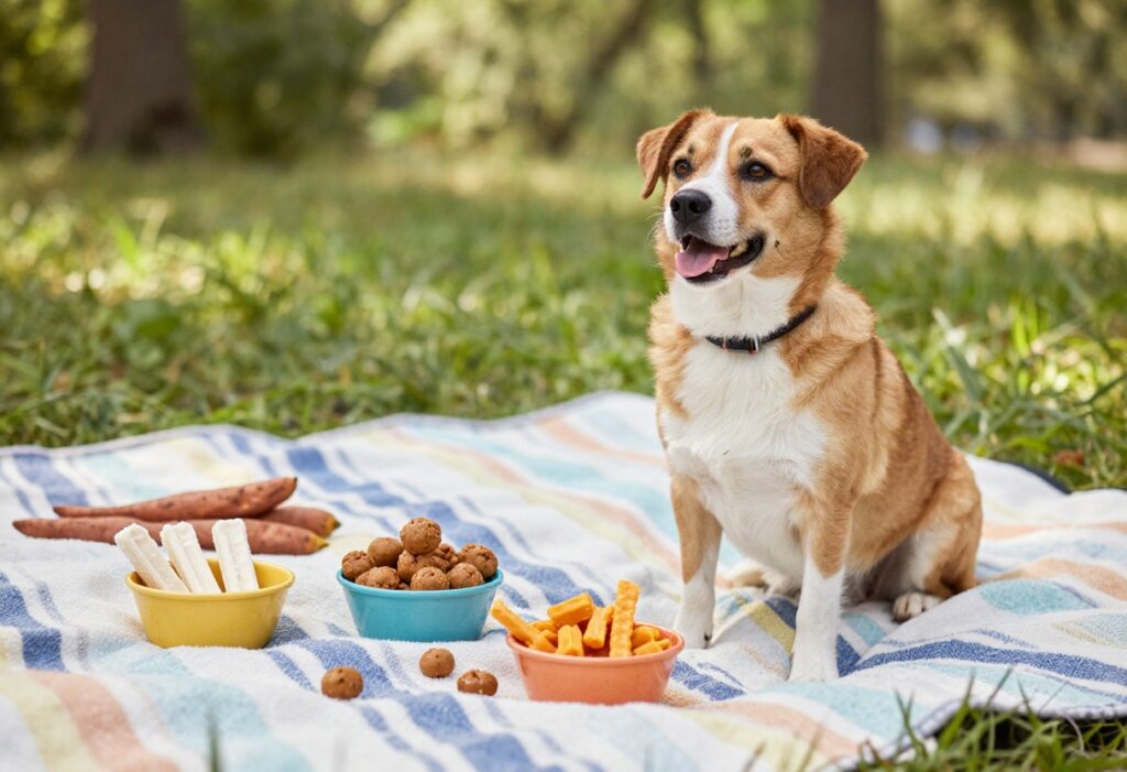 Homemade dog picnic treats on a blanket outdoors with a dog looking at them