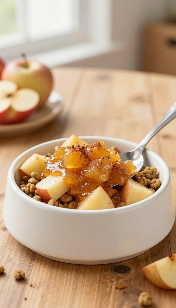 Dog kibble topped with warm apple cinnamon compote in a bowl on a wooden table