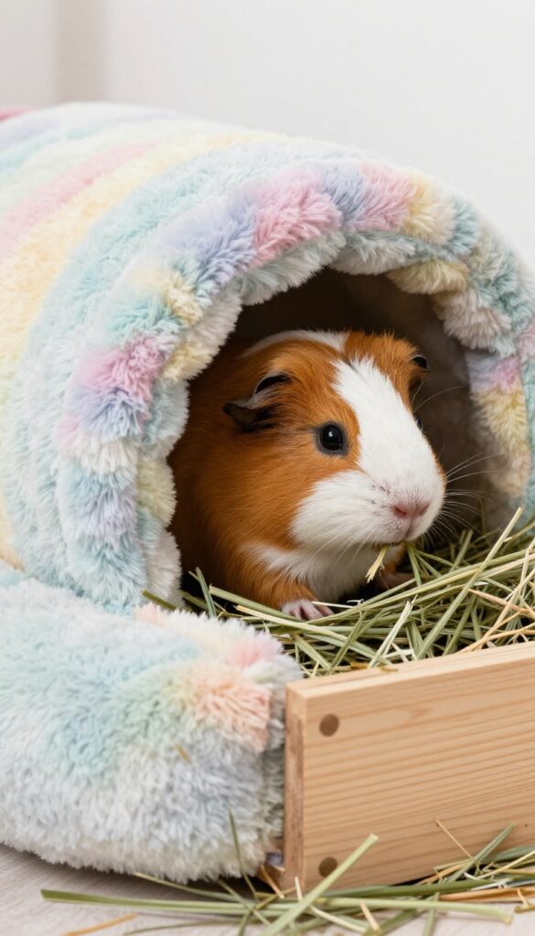 Guinea pig resting in a fleece cuddle cup next to a hay feeder, cozy habitat setup.
