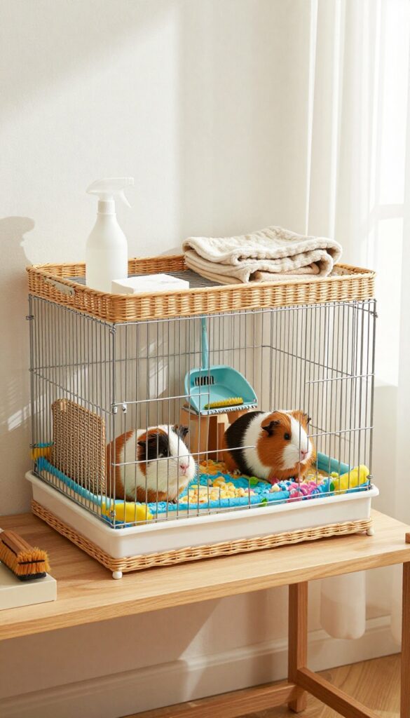 Guinea pig cage with cleaning caddy stocked with supplies on a shelf next to it