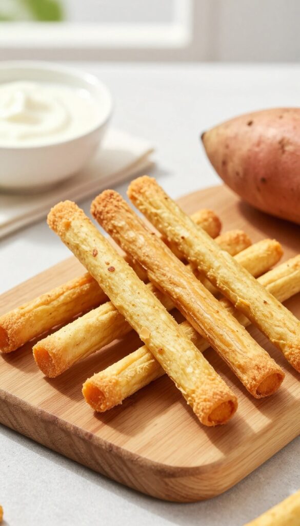 Homemade dog treats: kefir and sweet potato baked sticks arranged on a wooden board with a bowl of kefir and a sweet potato nearby.