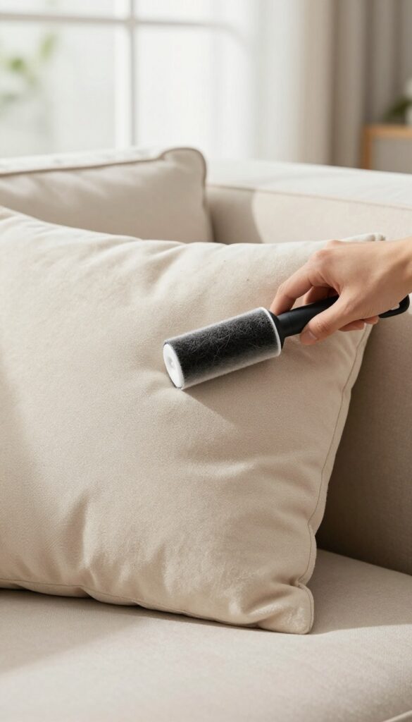 Close-up of a lint roller removing pet hair from a beige microfiber sofa cushion in a sunlit living room.