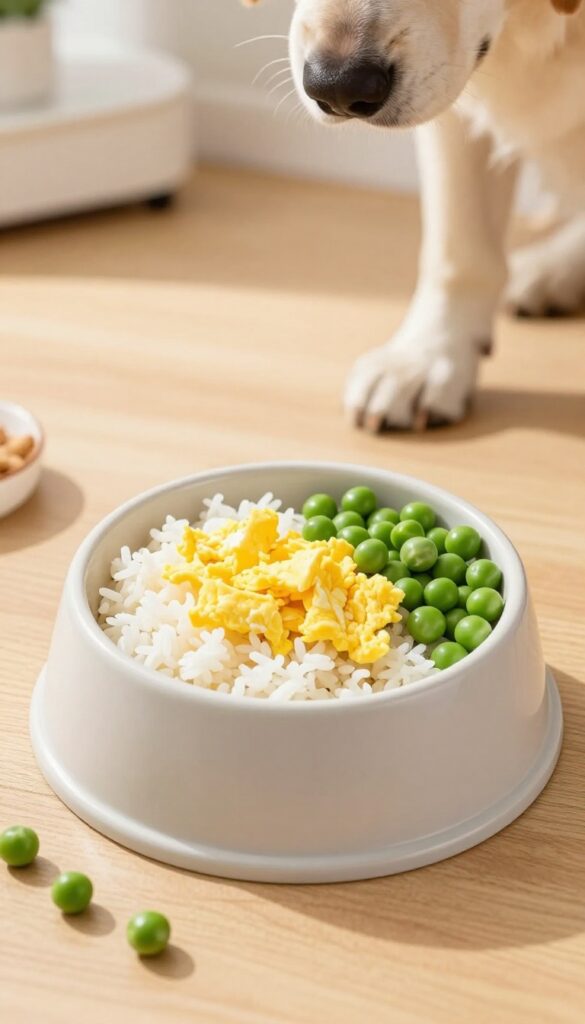 Dog bowl with leftover rice, scrambled egg, and peas for a homemade dog meal.