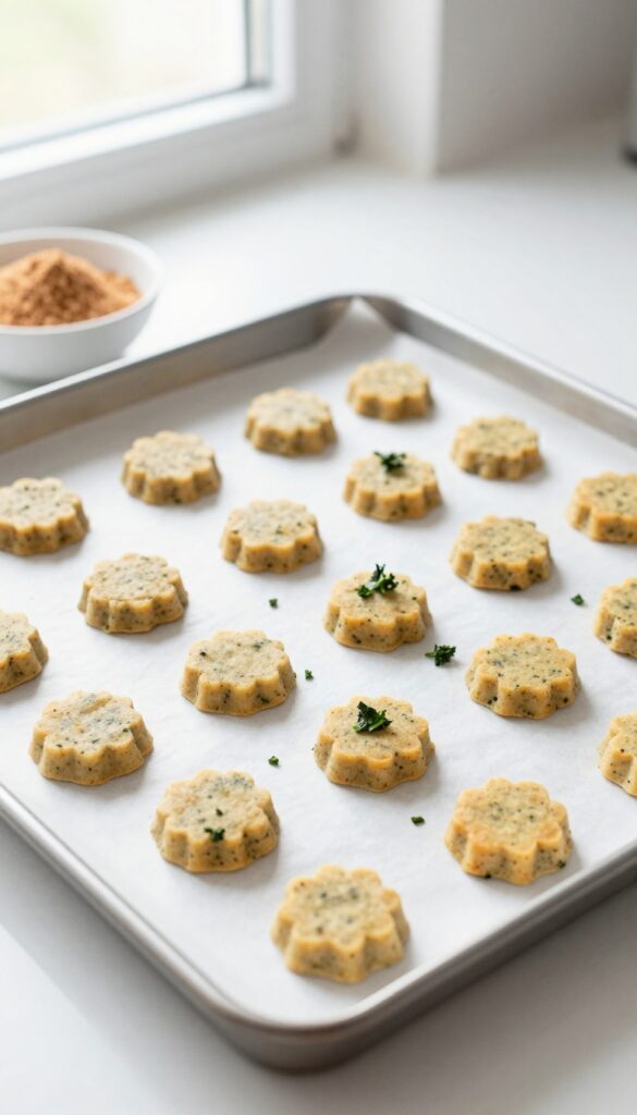 Homemade venison and kale dog treats arranged on a baking sheet, with fresh kale and coconut flour in the background.