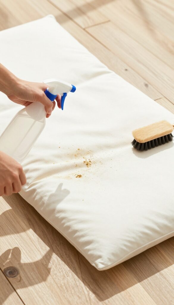 Person flipping an outdoor cushion to clean the underside, showing dirt and grime on the bottom surface.