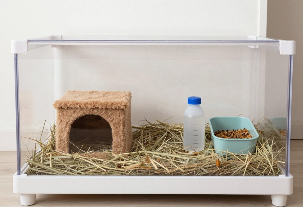 Guinea pig cage setup in a small bedroom corner with L-shaped C&C cage and accessories.