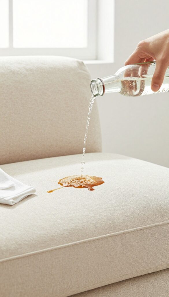 Spot cleaning a couch spill with club soda, hand pouring fizzy liquid onto stain