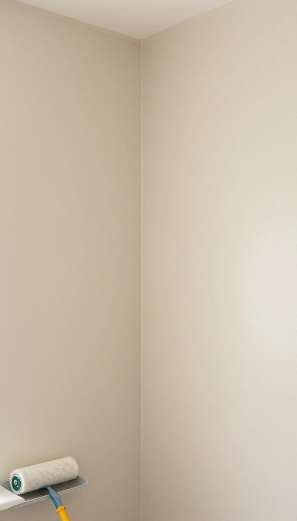 Freshly painted wall with mold-resistant paint in a bright bathroom, paint roller visible, clean corner, no text.
