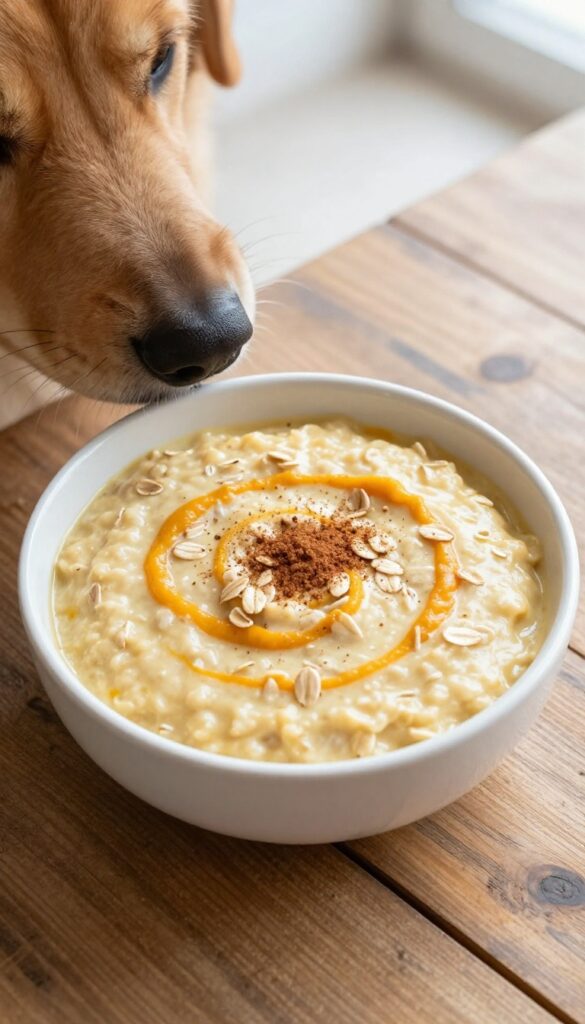 Cozy pumpkin oatmeal dog bowl with cinnamon, natural light, rustic table setting, dog sniffing the bowl