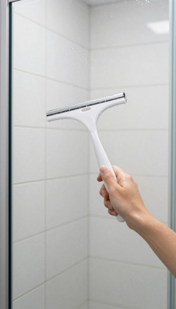 Hand using squeegee on wet shower glass door to prevent soap scum and hard water stains