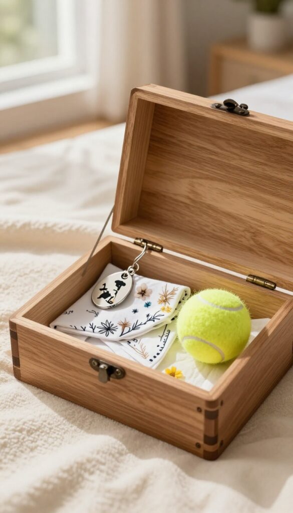 Open memory box with dog collar, tag, toy, and dried flowers on a blanket