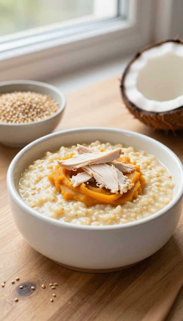 Creamy coconut and chicken porridge for dogs in a ceramic bowl with millet and pumpkin.