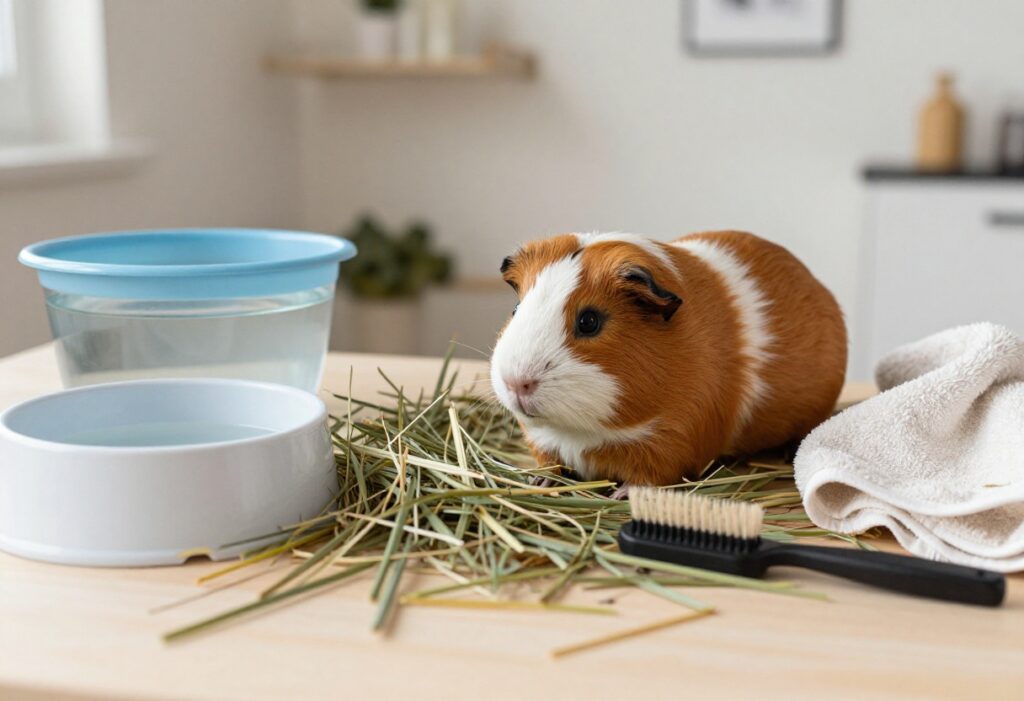 Guinea pig with healthy snack options including bell pepper, strawberries, cilantro, and lettuce.