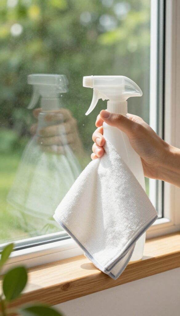 A person wiping a window with a microfiber cloth, with a spray bottle nearby, bright sunlight, and a garden view.