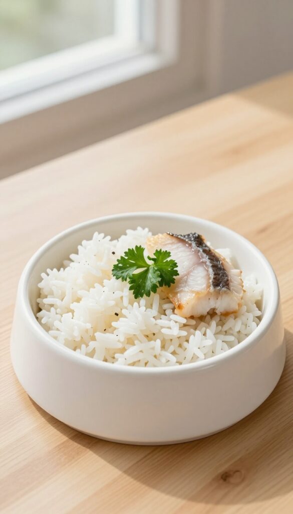 A dog bowl filled with poached haddock and white rice, garnished with parsley, on a wooden table in natural light.