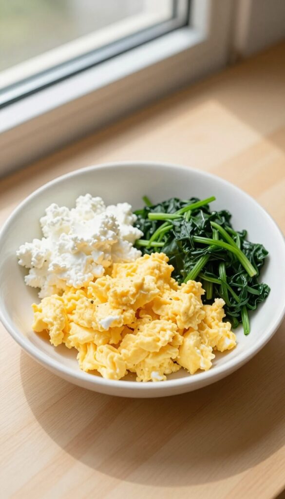 Small portion homemade dog lunch bowl with scrambled eggs, steamed spinach, and cottage cheese on a light wooden surface.
