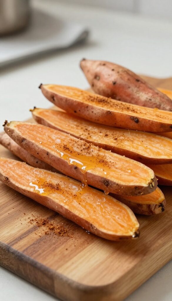 Homemade sweet potato chews for dogs, arranged on a wooden board with a blurred kitchen background.