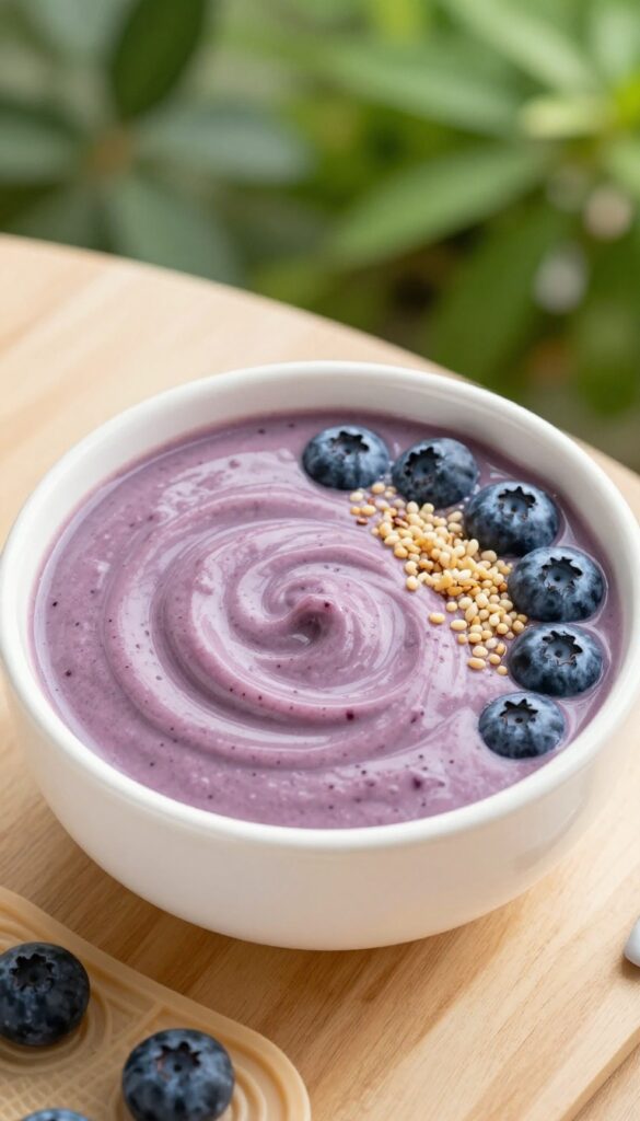 Homemade dog smoothie with millet and blueberries in a bowl, garnished with fresh berries and millet grains, with a frozen lick mat nearby.